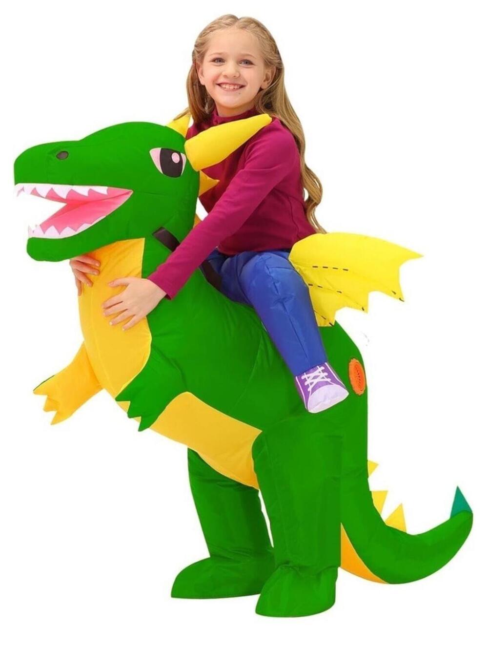 Kids Inflatable Dinosaur Costume Blow Up Green TRex Halloween Fits 50cm to 195cm